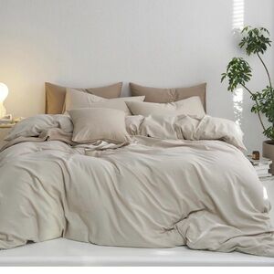 MooMee California King Duvet Cover Set, 100% Washed Cotton - Cream Grey